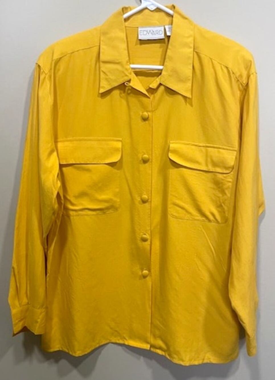100% Silk Edward Mustard Yellow Button Up Women's Sz Med